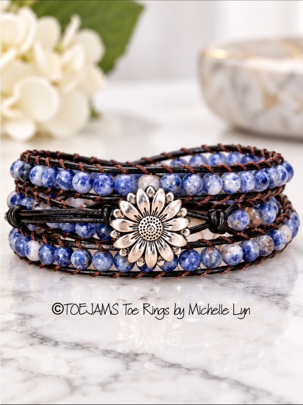 FRIENDSHIP BRACELET Daisy Button Leather and Quartz Adjustable Wrap Hand…